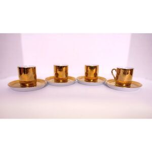 Horchow Japan Set 4 Demitasse Expresso Cups w Saucers Gold Tone White Porcelain